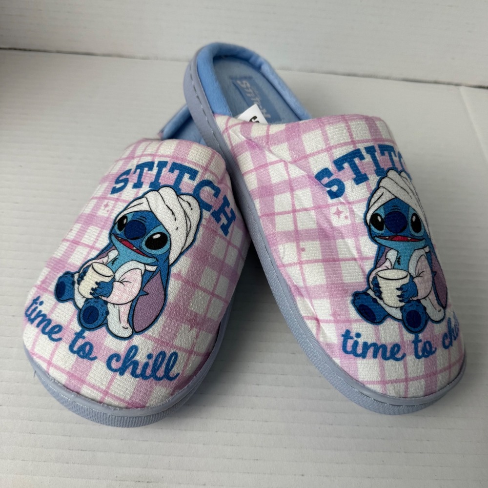 Disney Stitch Time to Chill Pink Grid Plush Scuff Slippers Women Size 9 RN151473